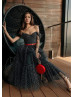 Black Polka Dot Tulle Midi Party Dress With Dropped Sleeves